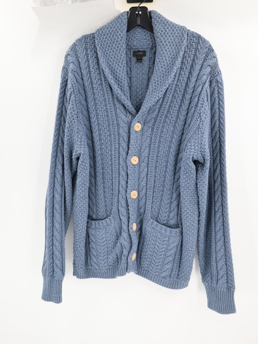 J Crew Cardigan Men Large Cable Knit Shawl Neck Button front Sweater Blue pocket